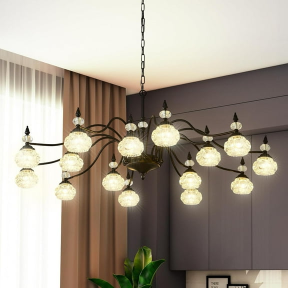 48-inch Vintage Crystal Chandelier, 15-Light Antique Victorian Pendant Light with Crystal Glass Shades, Modern Farmhouse Hanging Light for Kitchen Island, Living Room, Office