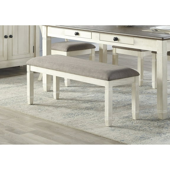 48-inch bench, antique white, 300lbs capacity, gray fabric - Great for dining with loved ones
