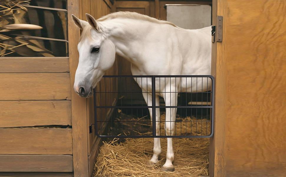48-inch-wide barn door fence (made of heavy-gauge steel), featuring a quick-install safety gate (with convenient two-way opening), a thick surface coating, and a long service life; suitable for vario