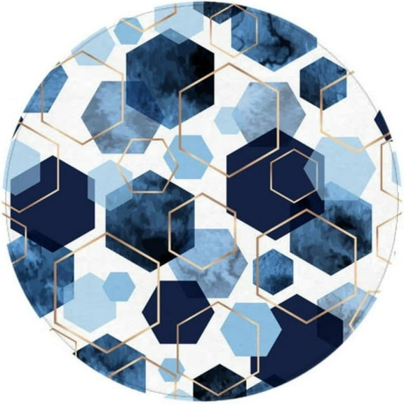 48 inches Blue and White Geometric Round Waterproof Table Cover Inch Elastic Tablecloth Vinyl Fitted Edged Plastic