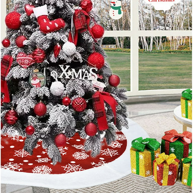 48 inches Christmas Tree Skirt Red Xmas Tree Ornaments for White Soft Faux  Fu Plush Christmas Tree Mat with Snowy Pattern for Decorations Xmas Holiday  Party 