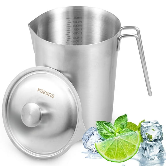 48 oz/64 oz Stainless Steel Pitcher with Lid Rustproof Stainless Steel Measuring Cup with Marking and Handle for Home Kitchen Restaurant Bar