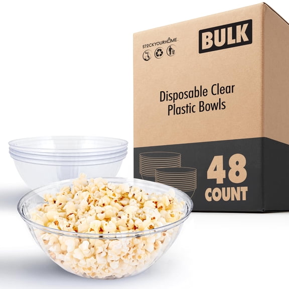 48 oz Clear Plastic Serving Bowls (48 Pack), Disposable Buffet Containers for Chips, Popcorn, Snacks, Salad Bar, Parties and Events