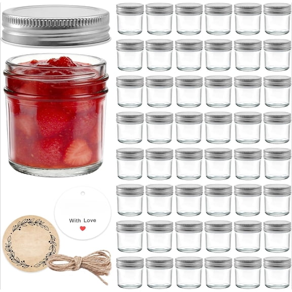 48 packs of 2 oz small mason jars, mini glass jars with lids for jam ginger honey spice wedding gifts including labels, string and handmade labels