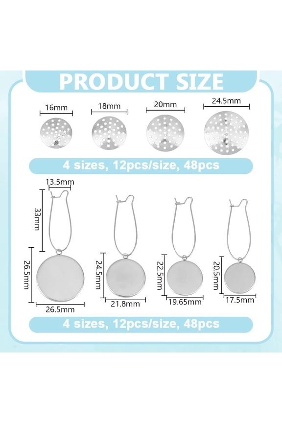 48 pcs 4 Styles Flat Round Embroidery Earring Pendant Blank Earrings Tray Set 304 Stainless Steel Hoop Earring Unfinished Earrings Blanks Earring Pendant Base for Women Jewelry Making
