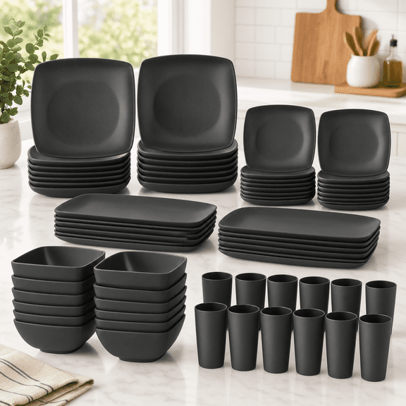 48-piece Black Plates And Sets Square Kitchen Dish Set For 12