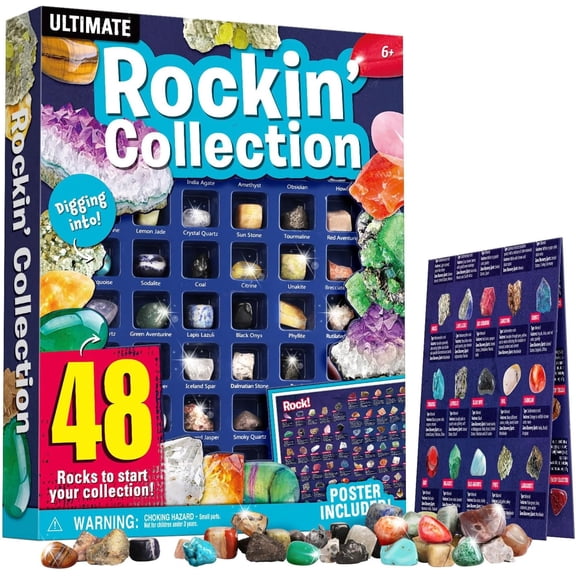 48Pcs Gem Stones for Kids Rock Collection Kit, Ultimate Rock Collection for Kids With Rock Identification Kit, Stem Stem Stone Kit, Natural Gems and Minerals Geology Toy for Boys & Girls Ages 6+