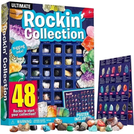48Pcs Gem Stones for Kids Rock Collection Kit, Ultimate Rock Collection for Kids With Rock Identification Kit, Stem Stem Stone Kit, Natural Gems and Minerals Geology Toy for Boys & Girls Ages 6-12