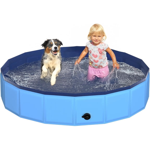 48" x 12" Foldable Dog Pool - Collapsible Hard Plastic Kiddie Pool for Dogs & Kids, Non-Slip Pet Bath Tub for Outdoor Backyard Use, Lightweight & Portable (Blue)