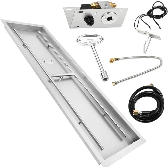 48 x 14 inch Rectangular Drop-in Fire Pit Pan Kit, Fire Pit Pan Kit with H-Shaped Burner, Spark Ignition Kit and Hose Kit for Indoor Outdoor Decoration, Rated for up to 185000 BTU