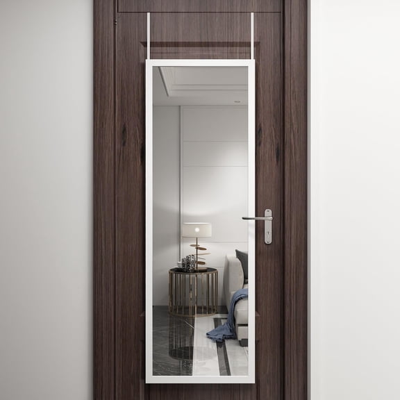 48" x 16" Full-Length Over-Door Mirror with 2 Metal Hangers  White, Contemporary Framed, Fogless, Polished Finish