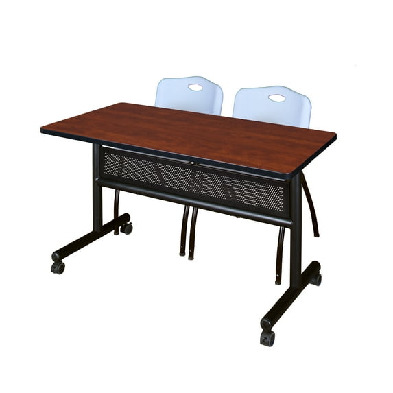 Regency Kobe 48 x 24 in. Flip-Top Privacy Nesting Table- Cherry, 2 M Stack Chairs- Grey