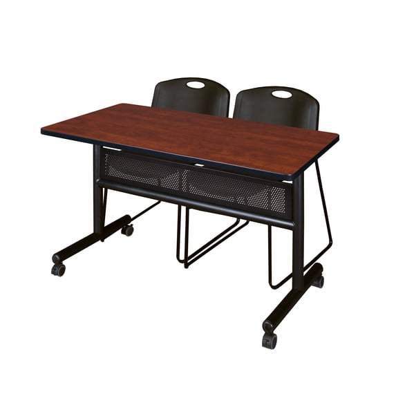 Regency Kobe 48 x 24 in. Flip-Top Privacy Nesting Table- Cherry, 2 Zeng Stack Chairs- Black
