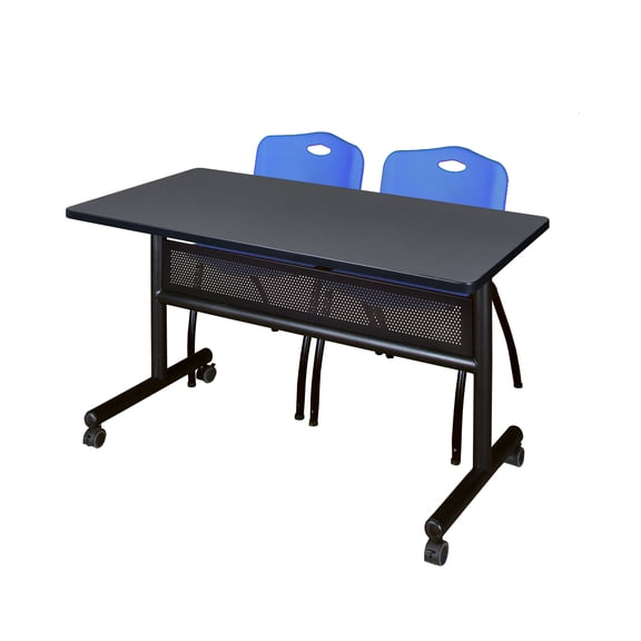 Regency Kobe 48 x 24 in. Flip-Top Privacy Nesting Table- Grey, 2 M Stack Chairs- Blue