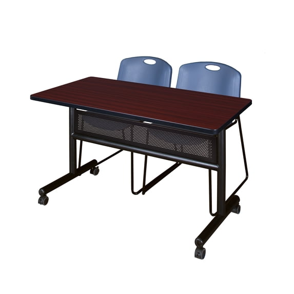 Romig Kobe 48 x 24 in. Flip-Top Privacy Nesting Table- Mahogany, 2 Zeng Stack Chairs- Blue