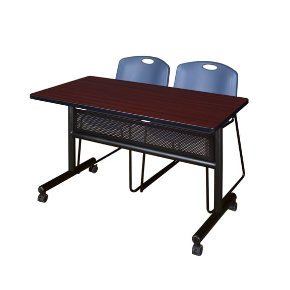 Romig Kobe 48 x 24 in. Flip-Top Privacy Nesting Table- Mahogany, 2 Zeng Stack Chairs- Blue