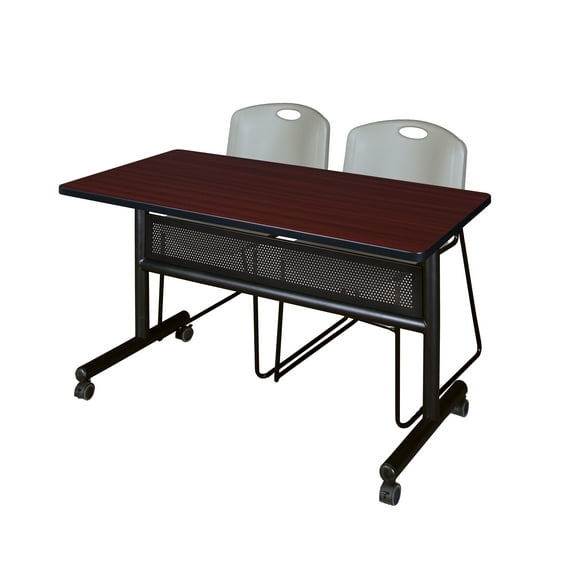 Romig Kobe 48 x 24 in. Flip-Top Privacy Nesting Table- Mahogany, 2 Zeng Stack Chairs- Grey