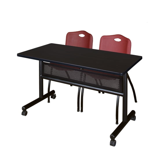 48" x 24" Flip Top Mobile Training Table with Modesty Panel- Mocha Walnut and 2 "M" Stack Chairs- Burgundy