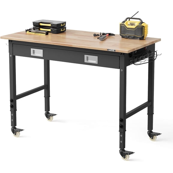 48 x 24 Heavy Duty Workbench with Drawer 2000 LBS Adjustable Height Work Table Rubberwood Top Swivel Casters ETL Power Outlets Pegboard for Garage Workshop