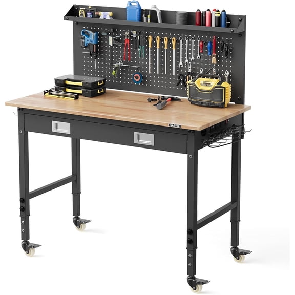 48 x 24 Heavy Duty Workbench with Drawer LED Light & Back Panel 2000 LBS Adjustable Height Rubberwood Top ETL Power Outlets Swivel Casters Garage
