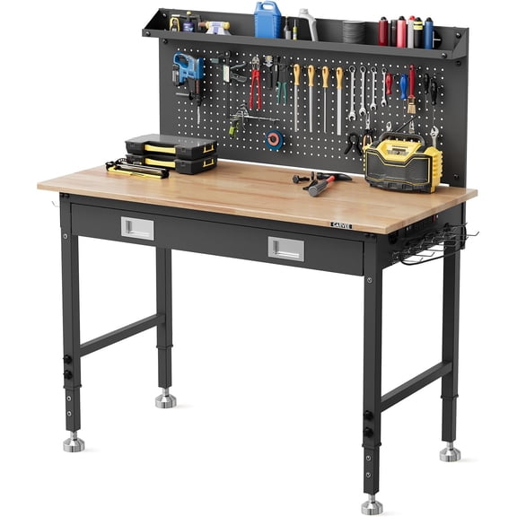 48 x 24 Heavy Duty Workbench with Drawer LED Light & Back Panel 2000 LBS Adjustable Height Rubberwood Top ETL Power Outlets for Garage Workshop