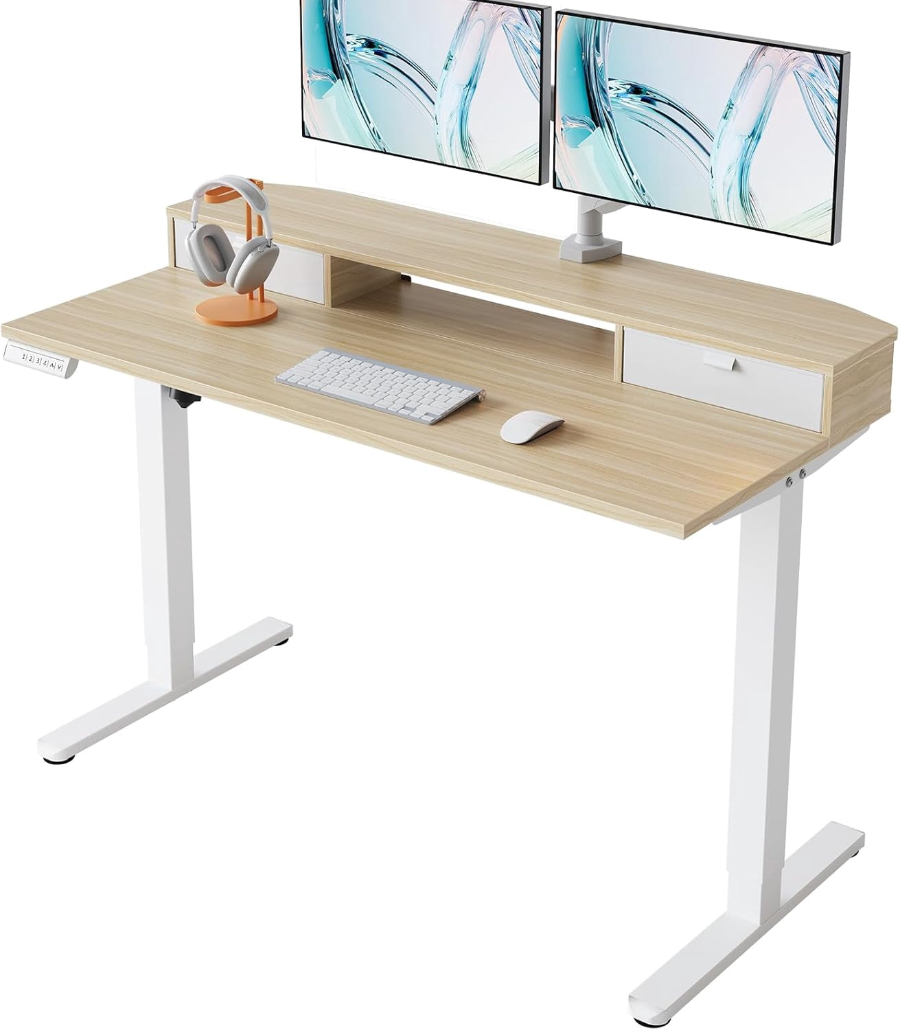 48 x 24 Inch Small Electric Standing Desk with 2 Drawers, Height Adjustable Sit Stand Desk with 4 Memory Settings, Light Walnut