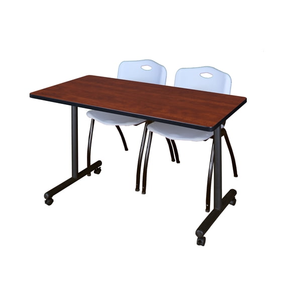 Regency Kobe 48 x 24 in. Mobile T-Base Training Table- Cherry, 2 M Stack Chairs- Grey