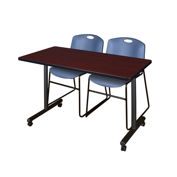 48" x 24" Kobe Mobile Training Table- Mahogany & 2 Zeng Stack Chairs- Blue
