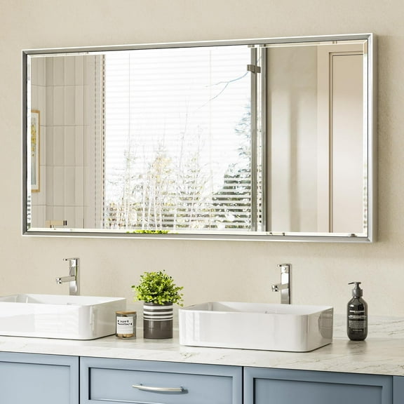 48 x 24 Satin Silver Bathroom Vanity Mirror, Beveled Silver Framed for Bathroom Wall, Shatterproof Rectangle(Vertical/Horizontal)