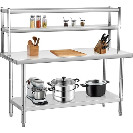 48 x 24 in Stainless Steel Table with Overshelves for Prep & Work, NSF Commercial Stainless Steel Kitchen Island with Adjustable Shelf & Hooks for Restaurant, Home and Hotel