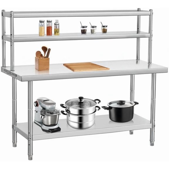 48" x 24" Stainless Steel Work Table, 2-Tier Removable Overshelves, 18-Gauge Commercial Kitchen Prep Table and Metal Workbench for Garage, Restaurant and Workshop