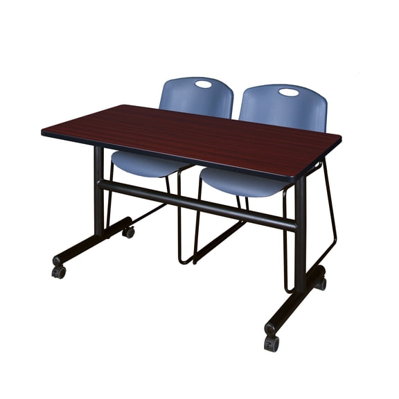 48" x 30" Flip Top Mobile Training Table- Mahogany and 2 Zeng Stack Chairs- Blue