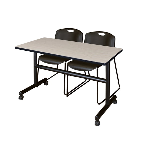 Regency Kobe 48 x 30 in. Flip-Top Training Nesting Table- Maple, 2 Zeng Stack Chairs- Black