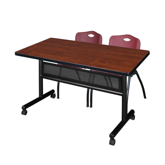 48" x 30" Flip Top Mobile Training Table with Modesty Panel- Cherry and 2 "M" Stack Chairs- Burgundy