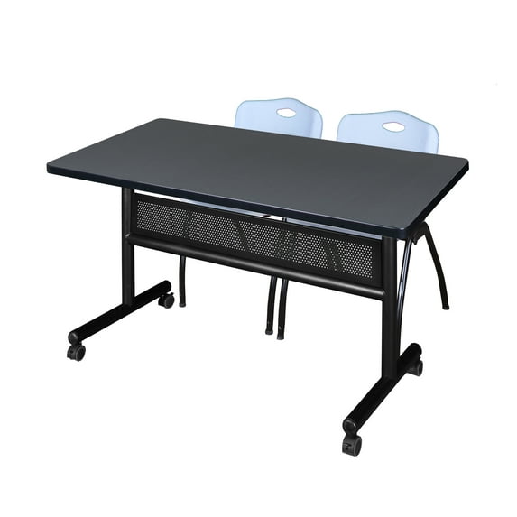 48" x 30" Flip Top Mobile Training Table with Modesty Panel- Grey and 2 "M" Stack Chairs- Grey
