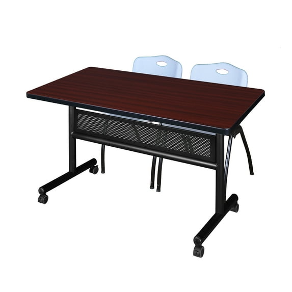 48" x 30" Flip Top Mobile Training Table with Modesty Panel- Mahogany and 2 "M" Stack Chairs- Grey