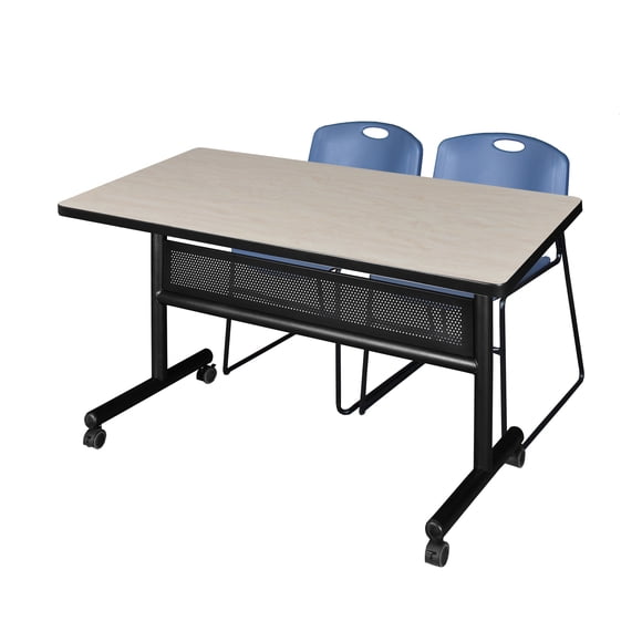 48" x 30" Flip Top Mobile Training Table with Modesty Panel- Maple and 2 Zeng Stack Chairs- Blue