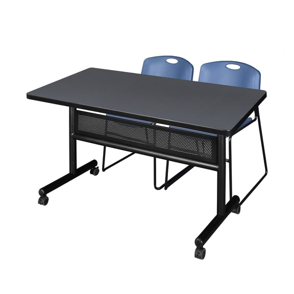 48" x 30" Flip Top Mobile Training Table with Modesty Panel- Grey and 2 Zeng Stack Chairs- Blue