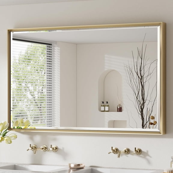 48'' x 30'' Gold Bathroom Mirror, Brushed Gold Beveled Bathroom Mirror, Shatterproof Large Gold Frame Rectangle Mirror, Brushed Brass Gold Framed Vanity Mirror Vertical/Horizontal Wall-Mounted