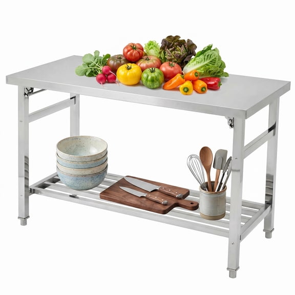 48" x 30" Stainless Steel Folding Prep Table with Adjustable Undershelf - Heavy Duty Commercial Work Table for Kitchen Restaurant