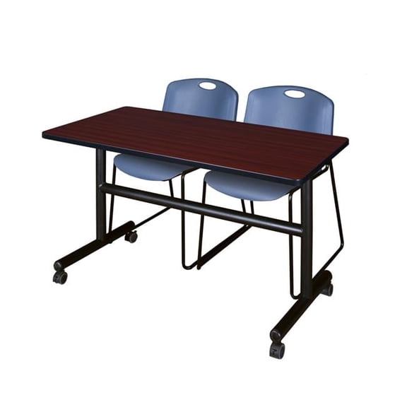 48 x 30 in. Flip Top Mobile Training Table, Mahogany & 2 in. Zeng Stack Chairs - Blue
