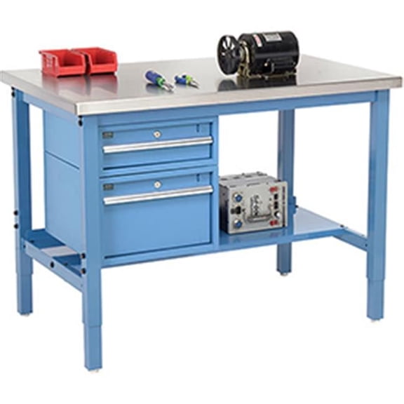 48 x 30 in. Production Workbench - SS Square Edge with Drawers & Shelf, Blue