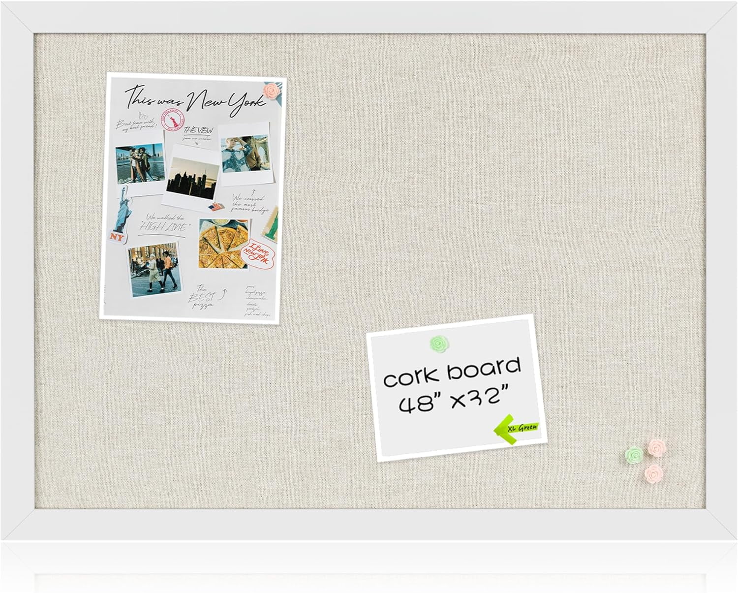 48" x 32" Bulletin Board with Linen Wooden Frame Cork Board with 20 Pushpins, Wall and Office Decor for School, Home & Office, White
