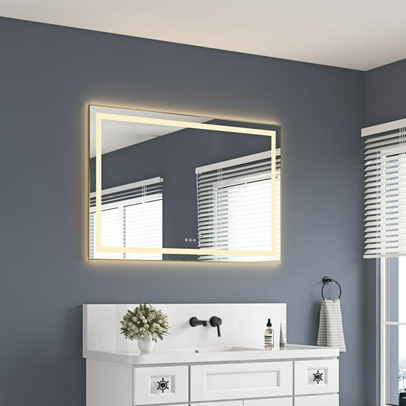 48" x 32" LED Bathroom Mirror with Front and Backlight, Wall Mounted Vanity Mirror with Aluminum Frame, Anti-Fog, Memory, 3 Colors, Stepless Dimmable
