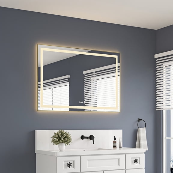 48" x 32" LED Bathroom Mirror with Front and Backlight, Wall Mounted Vanity Mirror with Aluminum Frame, Anti-Fog, Memory, 3 Colors, Stepless Dimmable