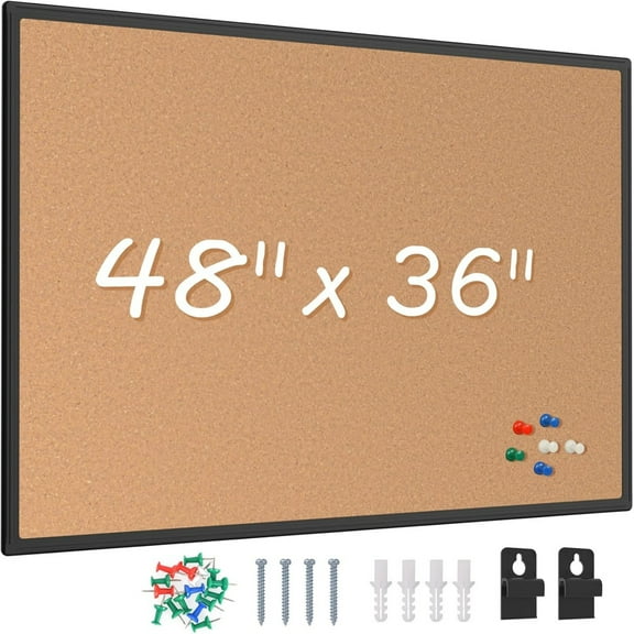 48" x 36" Cork Bulletin Board Aluminum Frame with 18 Pushpins, Wall and Office Decor for School, Home & Office,Black