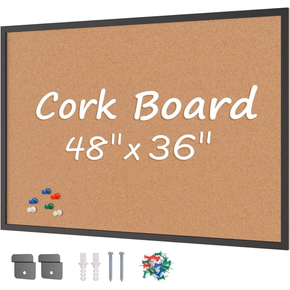 VividGreen 48" x 36" Cork Bulletin Board with Wood Frame, Wall and Office Decor for School, Home & Office, Black