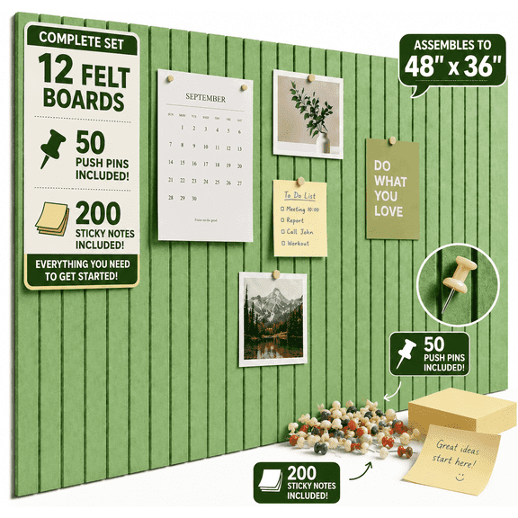 48 x 36" Felt Bulletin Board Tiles, 12 Pack Push Pin Board, Cork Board Alternative for Wall, Includes 200 Sticky Notes & 50 Pins for Office, Home, Classroom
