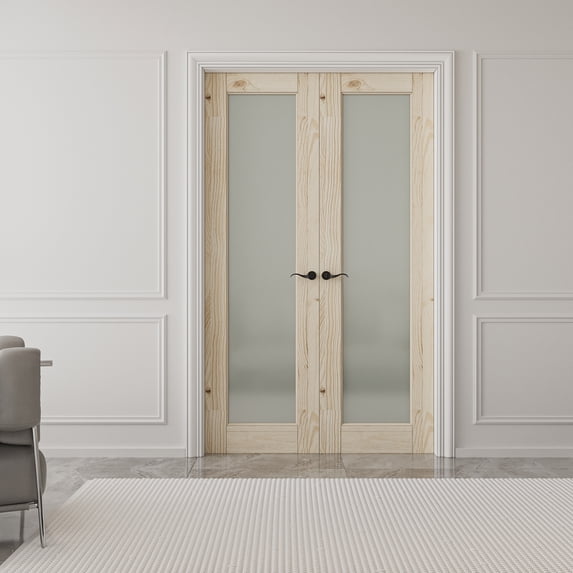 48" x 80" 1-Lite Frosted Glass Primed French Doors White Pine Double Doors With Hardware / Handle for Bathroom