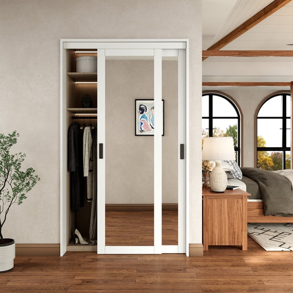 48" x 80" 1 Lite Mirrored Closet Sliding Door with Hardware Kit & Handles